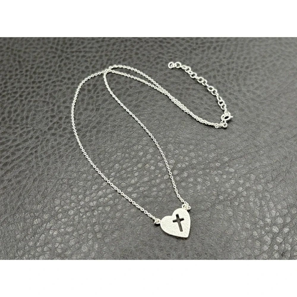 Sterling Silver 925 Heart Cross Pendant Chain Necklace Religious 16